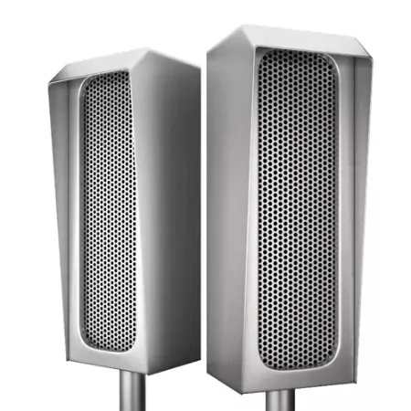 Two self-standing sound-wave speakers for an outdoor TV in a white space in Ajman.