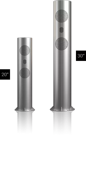 Two stainless steel cylinder speakers in different sizes in a white surface from Sharjah.