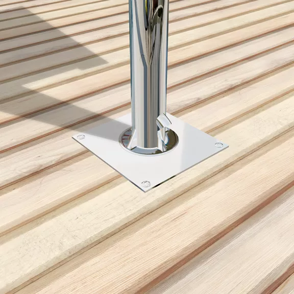 Stainless permanent floor mount pole for outdoor TV attached to a hard wooden floor in Oman.