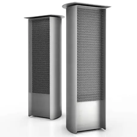 A white area with two full-size stainless steel main speakers from Bahrain.