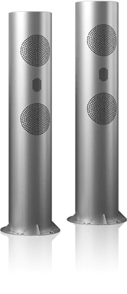 Two high-quality stainless steel soundwave cylinder speakers for an outdoor TV from Ajman.