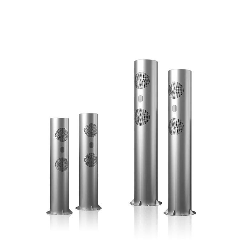 Two soundwave cylinder speakers with a white background