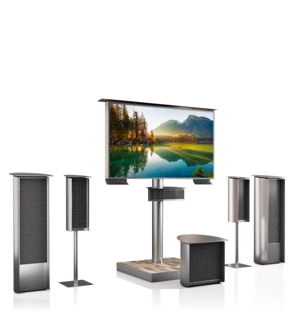 Soundwave theater weather-resistant audio system with a stone-base stand TV from Oman.