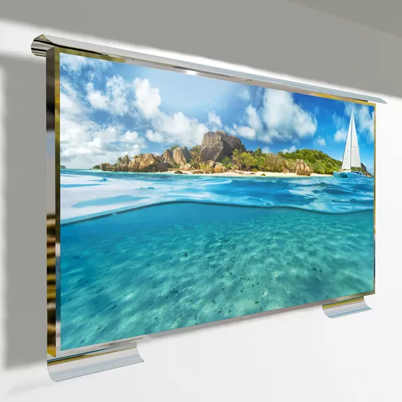 Wall-mounted rustproof outdoor TV showing a clear blue ocean, a boat, and an island with blue sky in Dubai.